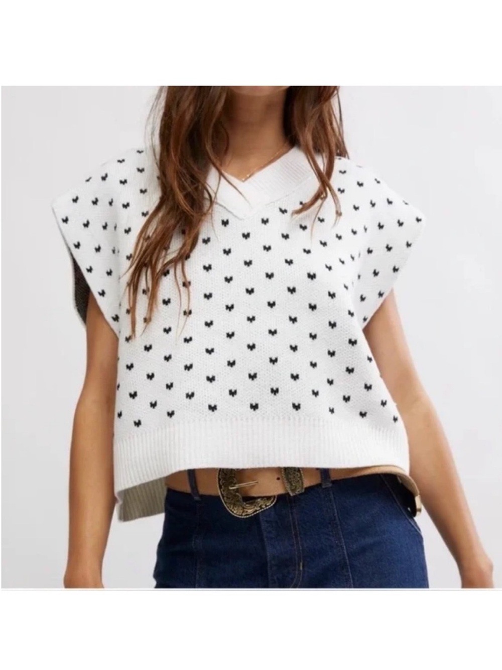Free People White Knit V-Neck Sweater Vest